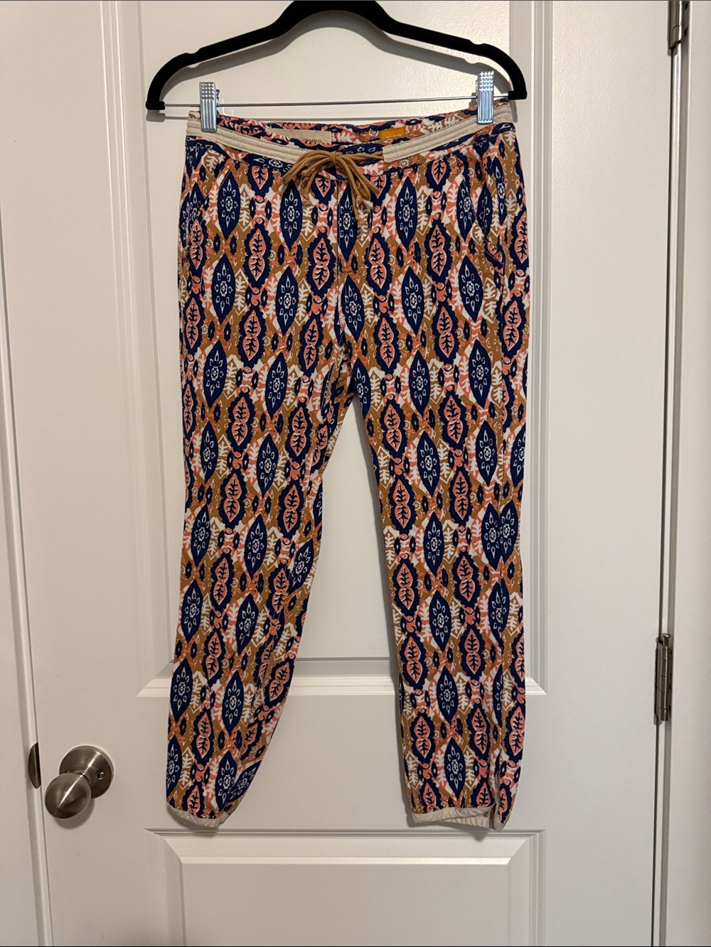 Anthropologie Geometric Print Capris in Navy, Tan & Pink